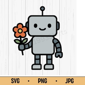 Robot with Flower SVG PNG JPG – Cute Love Robot Holding Flower, Kawaii Valentine Vector