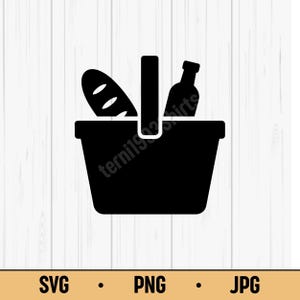 Könnte beinhalten: Schwarze Silhouette eines Picknickkorbs mit Griff, der ein Brot und eine Flasche enthält. Das Bild enthält den Text "SVG • PNG • JPG" am unteren Rand, vor einem weißen Holzmaserungshintergrund.