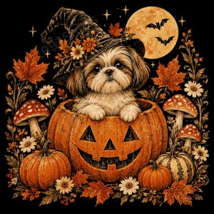 Könnte beinhalten: Ein flauschiger Shih Tzu Hund trägt einen schwarzen Hexenhut mit orangefarbenen Blumen und sitzt in einem geschnitzten Kürbis. Die Szene zeigt herbstliche Ahornblätter, weiße Gänseblümchen, Pilze, kleinere Kürbisse und einen Vollmond mit Fledermäusen.