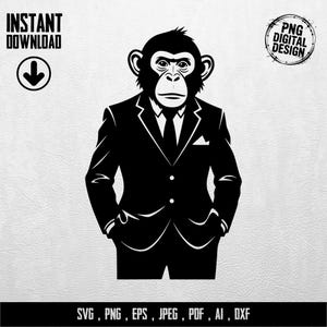 Könnte beinhalten: Schwarz-Weiß-Illustration eines Schimpansen in Anzug, Krawatte und Einstecktuch. Das Bild enthält den Text "INSTANT DOWNLOAD" mit einem Pfeil nach unten und "PNG DIGITAL DESIGN" in einem Kreis. Der untere Teil zeigt "SVG, PNG, EPS, JPEG, PDF, AI, DXF".