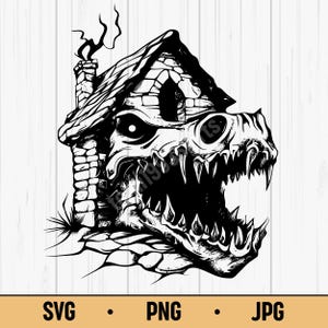 May include: Black and white illustration of a house with a skull-like facade. The house features a stone chimney, roof, and walls. The open mouth of the skull forms the entrance. The image includes the text "SVG • PNG • JPG".