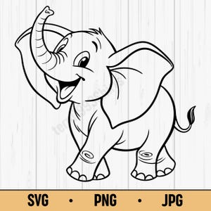 Cute Elephant SVG PNG – Happy Cartoon Elephant Clipart for Kids, Digital Download for Cricut and Sublimation