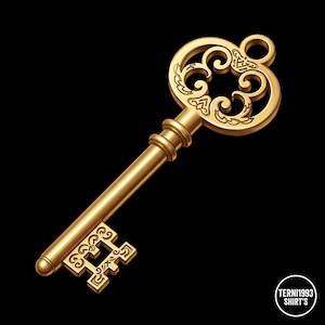 Könnte beinhalten: Ein goldfarbener Schlüssel mit kunstvollen Verzierungen, darunter Blumen- und Scrollmuster, vor schwarzem Hintergrund. Der Schlüssel hat einen Ring oben und ein rechteckiges Bartende unten. Der Text "TERNI1993 SHIRT'S" ist unten rechts zu sehen.