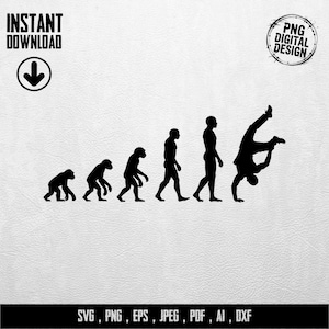 Könnte beinhalten: Schwarze Silhouette-Grafik der menschlichen Evolution, vom Affen bis zu einer Person, die einen Handstand macht. Enthält den Text "INSTANT DOWNLOAD" und "PNG DIGITAL DESIGN". Dateityp-Optionen: SVG, PNG, EPS, JPEG, PDF, AI, DXF.