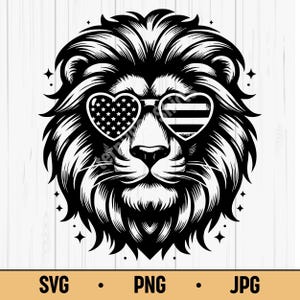 ライオンUSAサングラスSVG PNG – 愛国的なライオンヘッドベクター、独立記念日と夏のシャツのためのデジタルダウンロード