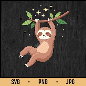 Hanging Sloth SVG PNG JPG – Cute Lazy Sloth on Tree Branch, Cartoon Jungle Animal