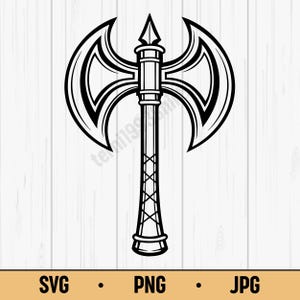 May include: Black and white illustration of a double-bladed axe. The axe features a long handle with a crisscross design and a decorative top. The image includes the text "SVG", "PNG", and "JPG" at the bottom.