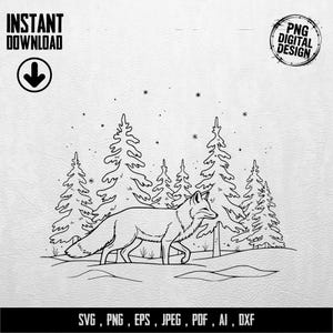 Könnte beinhalten: Schwarz-weiße digitale Illustration eines Fuchses, der durch einen verschneiten Wald mit Kiefern geht. Der Text "INSTANT DOWNLOAD" und "PNG DIGITAL DESIGN" ist enthalten. Verfügbar in SVG, PNG, EPS, JPEG, PDF, AI und DXF Formaten.
