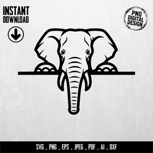 Peut inclure: Un design numérique en noir et blanc représentant un éléphant. L'image comprend la tête et la trompe de l'éléphant, avec le texte "INSTANT DOWNLOAD" et une flèche vers le bas. Le texte "PNG DIGITAL DESIGN" est également présent, ainsi que les formats de fichiers.