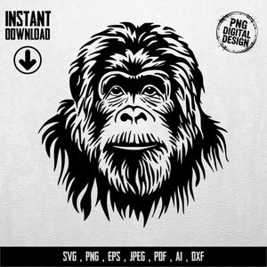 Könnte beinhalten: Ein schwarz-weißes digitales Design eines Gorillagesichts. Das Bild enthält den Text "INSTANT DOWNLOAD" mit einem Pfeil nach unten und "PNG DIGITAL DESIGN" in einem Kreis. Der untere Teil des Bildes listet Dateitypen auf: SVG, PNG, EPS, JPEG, PDF, AI, DXF.