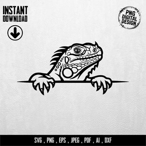 Pode incluir: Design digital em preto e branco de uma iguana espreitando por cima de uma linha. A imagem inclui o texto "INSTANT DOWNLOAD" e "PNG DIGITAL DESIGN". A parte inferior mostra "SVG, PNG, EPS, JPEG, PDF, AI, DXXF".