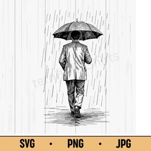 Rainy Day Man SVG PNG JPG – Melancholic Man with Umbrella in Rain, Black and White Digital Download for Journals, Poetry Covers & Moody Wa