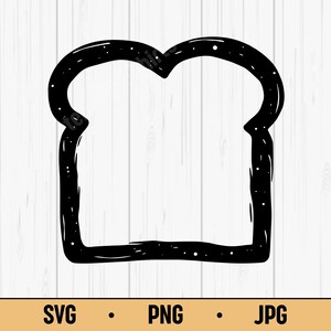 Könnte beinhalten: Schwarz-Weiß-Illustration einer Brotscheibe im einfachen, handgezeichneten Stil. Die Brotscheibe ist schwarz umrandet mit leicht strukturierter Optik und kleinen weißen Punkten. Der untere Teil des Bildes enthält den Text "SVG • PNG • JPG."