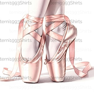 Peut inclure: Illustration à l'aquarelle de chaussons de danse roses. Les chaussons sont noués avec de longs rubans, créant une image délicate. Le texte "terni1993Shirts" est répété dans l'image.