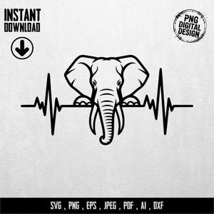 Peut inclure: Design numérique noir et blanc avec une tête d'éléphant intégrée dans une ligne de battement de cœur. Le design comprend le texte "INSTANT DOWNLOAD" et "PNG DIGITAL DESIGN". En bas, les types de fichiers: SVG, PNG, EPS, JPEG, PDF, AI, DXF.