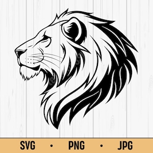 堂々とした様式化されたライオンの頭のクリップアートSVG - ライオンのロゴ、ライオンのシルエット、ライオンのクリップアート、昇華転写やクリカットプロジェクト用の大胆なモノクロデザイン