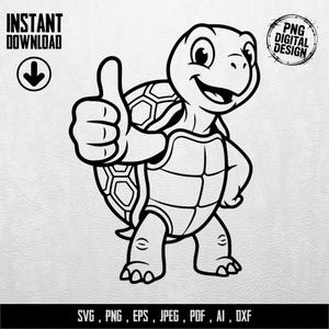 Könnte beinhalten: Schwarz-weiße Cartoon-Schildkröte mit erhobenem Daumen. Die Schildkröte lächelt und hat einen Panzer mit geometrischem Muster. Der Text "INSTANT DOWNLOAD" mit Pfeil ist zu sehen, sowie "PNG DIGITAL DESIGN" und Dateityp-Optionen.