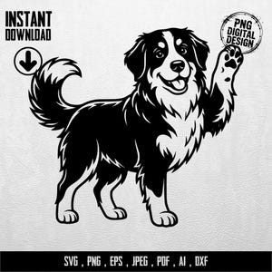 Könnte beinhalten: Schwarz-weiße digitale Illustration eines lächelnden Hundes, der seine Pfote hebt. Der Text "INSTANT DOWNLOAD" und "PNG DIGITAL DESIGN" ist enthalten. Unter dem Hund sind die Dateitypen: SVG, PNG, EPS, JPEG, PDF, AI, DXF.