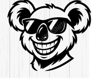 Cool Koala SVG PNG JPG – Tecknad Koala maskothuvud med solglasögon, rolig djurvektor