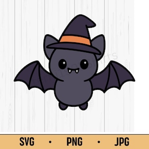 Witch Bat SVG PNG JPG – Cute Halloween Bat with Witch Hat, Kawaii Spooky Vector