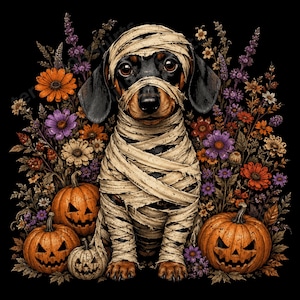 Könnte beinhalten: Ein schwarz-brauner Dackel, der in beige Mumienbandagen gewickelt ist und zentral vor einem schwarzen Hintergrund steht. Der Hund ist umgeben von orangefarbenen Halloween-Kürbissen und einer Vielzahl bunter Herbstblumen in Lila und Orange.