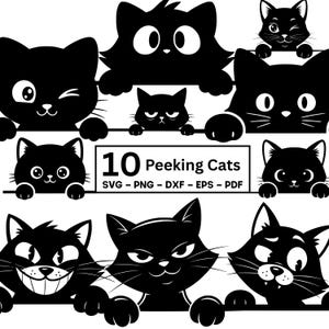 Könnte beinhalten: Eine Sammlung von zehn Illustrationen schwarzer Katzen in verschiedenen Posen, die über eine weiße Oberfläche blicken. Die Katzen haben unterschiedliche Ausdrücke, darunter Blinzeln, Lächeln und grimmiges Aussehen. Text: "10 Peeking Cats".