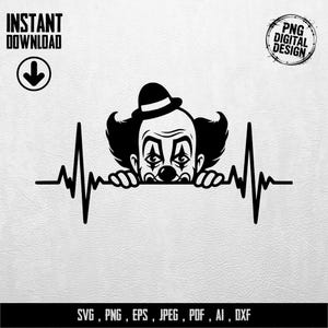 Peut inclure: Conception numérique en noir et blanc représentant un visage de clown triste intégré dans une ligne de battement de cœur. Le design inclut le texte "INSTANT DOWNLOAD" et "PNG DIGITAL DESIGN". Formats de fichiers : SVG, PNG, EPS, JPEG, PDF, AI, DXF.