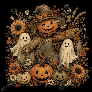 Vintage Halloween Scarecrow PNG with Cute Ghosts and Pumpkins for Sublimation Shirts and Fall Crafts