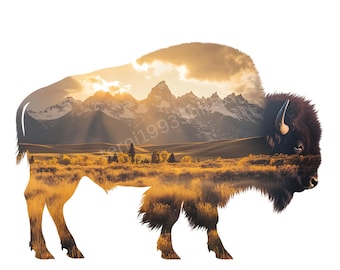 Silhouette di bisonte maestoso, doppia esposizione, paesaggio al tramonto, disegno a sublimazione, clipart download istantaneo, png stampabile