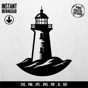 Könnte beinhalten: Schwarz-weißes digitales Design eines Leuchtturms mit den Worten "INSTANT DOWNLOAD" und einem Pfeil nach unten. Der Leuchtturm befindet sich auf einer stilisierten Welle. Das Design enthält den Text "PNG DIGITAL DESIGN" und Dateitypoptionen: SVG, PNG, EPS, JPEG, PDF, AI, DXF.