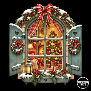 May include: A blue wooden window frame with open shutters, decorated with snow, pine branches, red berries, and a large red bow. Through the glass, a lit Christmas tree, presents, a red armchair, and a fireplace are visible. A lantern sits below.
