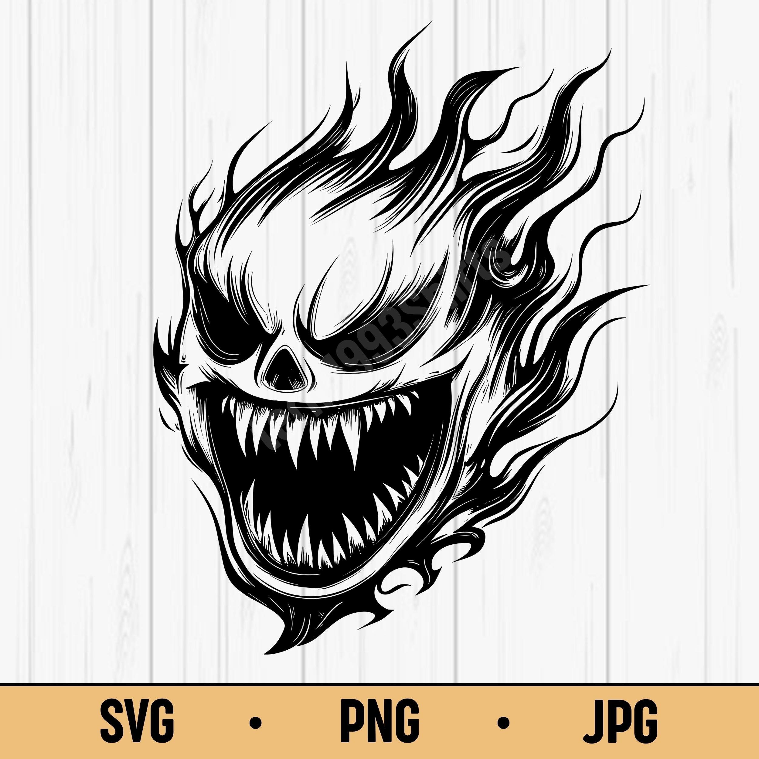 Flaming Demon Skull SVG PNG JPG – Evil Grinning Fire Face Vector