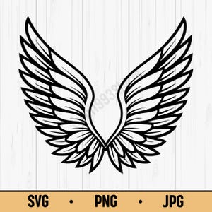 Könnte beinhalten: Schwarz-weiße Illustration von stilisierten Engelsflügeln. Die symmetrischen Flügel zeigen detaillierte Federstrukturen. Am unteren Rand des Bildes befindet sich der Text "SVG", "PNG" und "JPG".