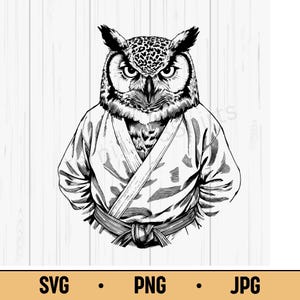 May include: Black and white illustration of an owl wearing a karate gi with a black belt. The owl has detailed feather patterns and a stern expression. The image includes the text "SVG • PNG • JPG" at the bottom.