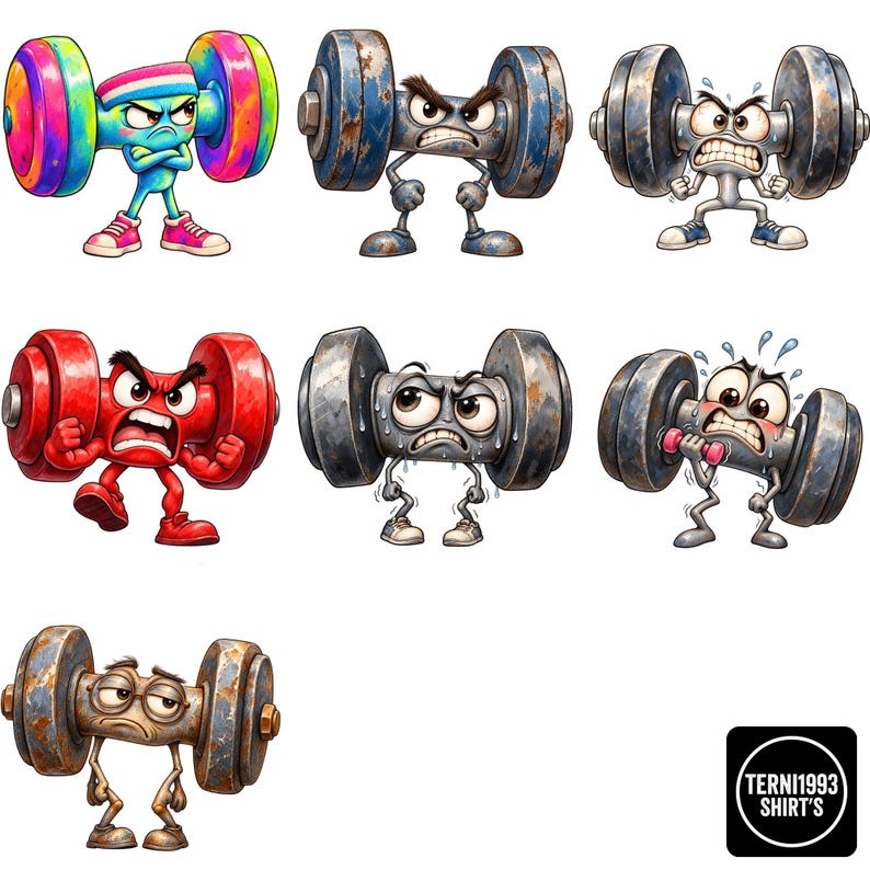 7 Funny Cartoon Dumbbells PNG Clipart Bundle - Weightlifting Characters ...