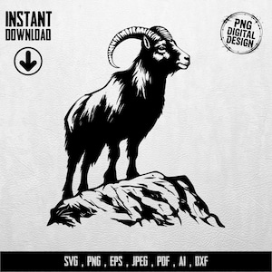 Könnte beinhalten: Schwarz-weißes digitales Design eines Widders, der auf einem Felsen steht. Das Bild enthält den Text "INSTANT DOWNLOAD" mit einem Pfeil nach unten und "PNG DIGITAL DESIGN" in einem Kreis. Der untere Teil des Bildes enthält den Text "SVG, PNG, EPS, JPEG, PDF, AI, DXX."