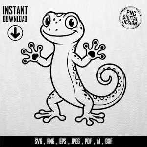 Könnte beinhalten: Schwarz-weiße Cartoon-Illustration eines lächelnden Geckos mit einem eingerollten Schwanz. Das Bild enthält den Text "INSTANT DOWNLOAD" und "PNG DIGITAL DESIGN". Unter dem Gecko sind die Dateitypen: SVG, PNG, EPS, JPEG, PDF, AI, DXF.