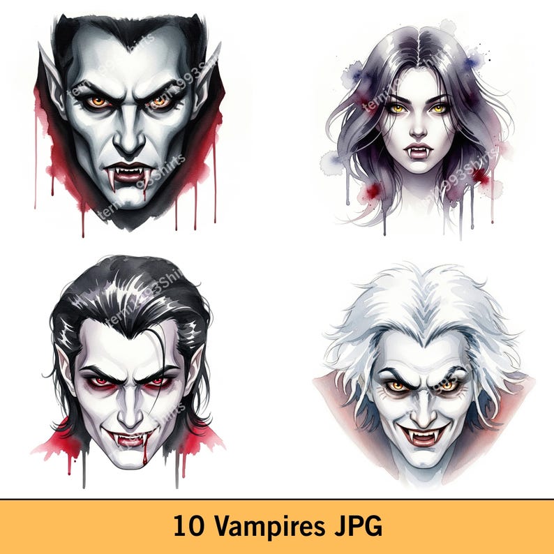 10 Watercolor Vampires Clipart JPG Bundle - Gothic Halloween ...