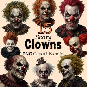 Könnte beinhalten: Eine digitale Sammlung von 15 gruseligen Clown-Porträts mit verschiedenen Make-up-Stilen, farbigem Haar und Rüschenkragen. Der Text 15 Scary Clowns PNG Clipart Bundle ist mittig zwischen den Illustrationen in Rot-, Gelb- und Weißtönen platziert.