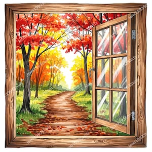 Könnte beinhalten: Aquarellmalerei eines offenen Fensters, das eine Herbstwaldszene einrahmt. Das Fenster ist aus Holz, und die Ansicht umfasst einen Weg, Bäume mit roten und gelben Blättern und einen hellen Himmel. Das Kunstwerk erinnert an Natur und Herbst.