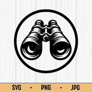 Könnte beinhalten: Schwarz-weiße Illustration eines Fernglases in einem schwarzen Kreis. Das Fernglas ist detailliert mit geschwungenen Linien und einer zentralen Brücke dargestellt. Der Text "SVG • PNG • JPG" ist unten.