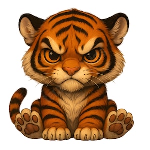 Angry Baby Tiger PNG - Cute but Fierce Cartoon Tiger Cub Clipart, Digital Download for Stickers, T-Shirts, Sublimation & Crafts