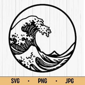Puede incluir: Gráfico en blanco y negro de una ola dentro de un círculo. La ola está estilizada con líneas y puntos detallados, con una montaña en el fondo. La parte inferior de la imagen incluye el texto "SVG • PNG • JPG".