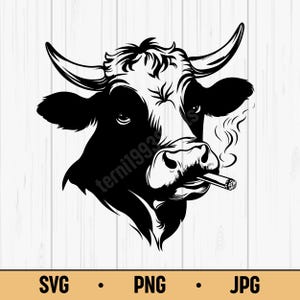 Smoking Cow PNG SVG – Cool Cartoon Cow Head with Cigarette Illustration for Funny Stickers, T-Shirts, and Farm Humor – Digital Download