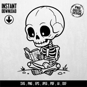 Könnte beinhalten: Schwarz-weiße Cartoon-Illustration eines Skeletts, das ein Buch liest, während es im Schneidersitz sitzt. Das Bild enthält den Text "INSTANT DOWNLOAD" und "PNG DIGITAL DESIGN". Der untere Teil des Bildes enthält den Text "SVG, PNG, EPS, JPEG, PDF, AI, DXX".