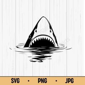 May include: A black and white graphic of a shark's head emerging from the water, with sharp teeth visible. The image is a vector design, suitable for various applications. The bottom of the image displays the file types: SVG, PNG, and JPG.