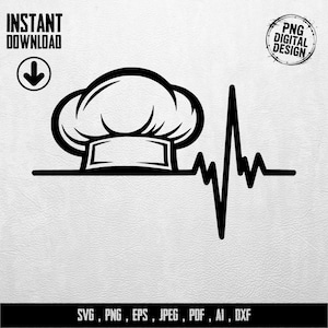 Könnte beinhalten: Schwarz-weißes digitales Design mit Kochmütze und Herzschlaglinie. Die Wörter "INSTANT DOWNLOAD" und "PNG DIGITAL DESIGN" sind enthalten. Das Design enthält auch die Dateitypen: SVG, PNG, EPS, JPEG, PDF, AI, DXF.
