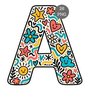 Könnte beinhalten: Ein Großbuchstabe A, gefüllt mit bunten Illustrationen, darunter eine gelbe Sonne, blaue und rote Blumen, gelbe und rosa Sterne, lächelnde Herzen und wellenförmige Linien. Ein kreisförmiges Abzeichen zeigt den Text 26 PNG.