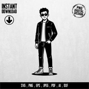 May include: Black and white digital design of a person wearing sunglasses, a jacket, jeans, and sneakers. The image includes the text "INSTANT DOWNLOAD" and "PNG DIGITAL DESIGN". File formats include SVG, PNG, EPS, JPEG, PDF, AI, and DXF.
