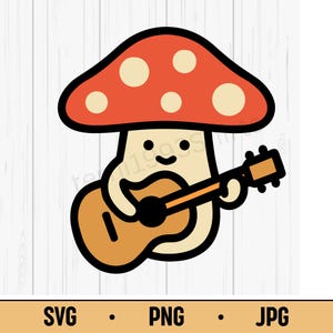 Guitar Mushroom SVG PNG JPG – Funny Mushroom Playing Guitar, Kawaii Forest Vector